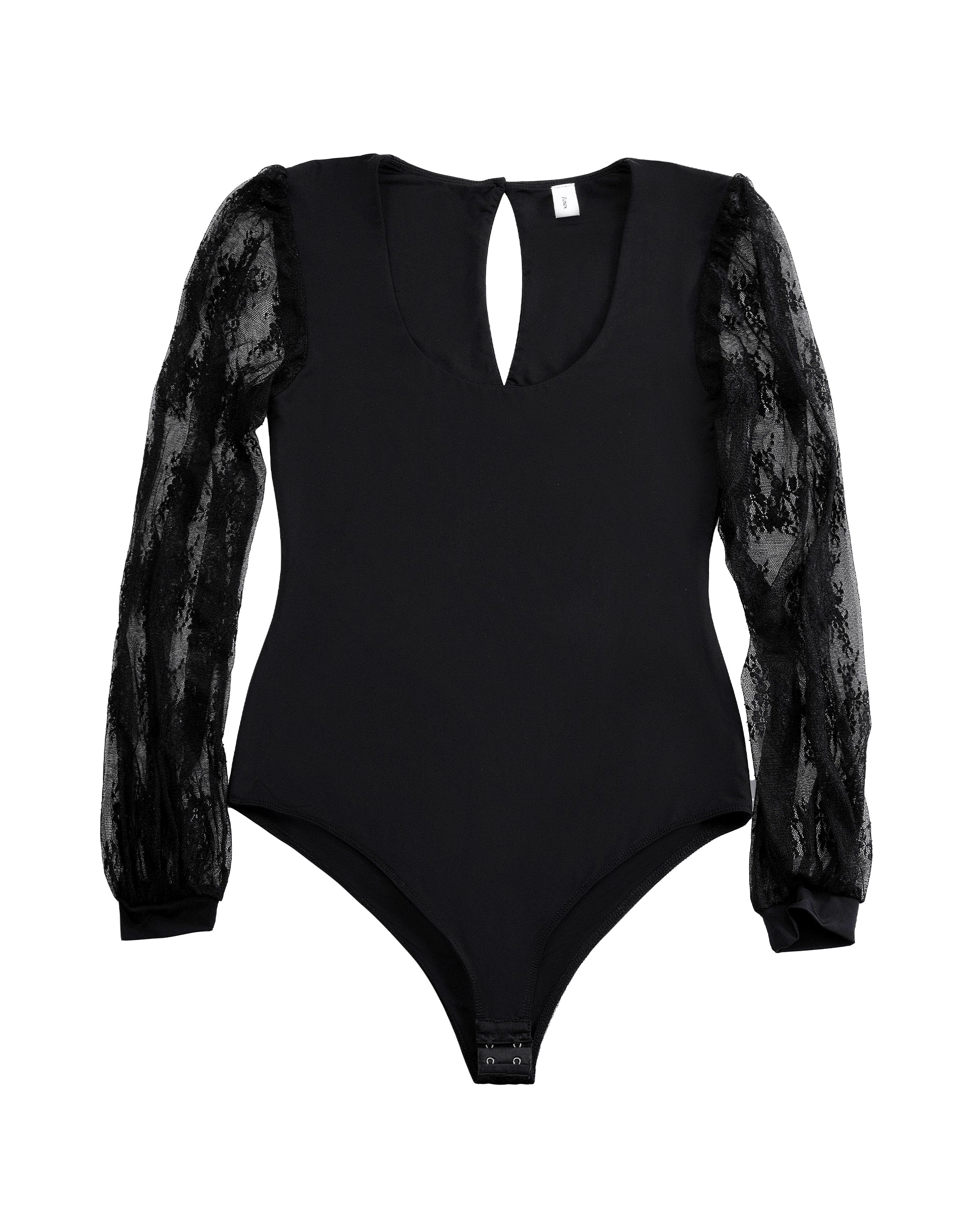 Long Sleeve Body Suits Womens Double Lined Round Neck Lace Bodysuit For Women