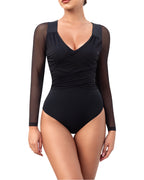 Long Sleeve Body Suits Womens Double Lined Round Neck Lace Bodysuit For Women