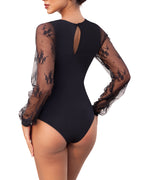 Long Sleeve Body Suits Womens Double Lined Round Neck Lace Bodysuit For Women