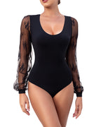 Long Sleeve Body Suits Womens Double Lined Round Neck Lace Bodysuit For Women